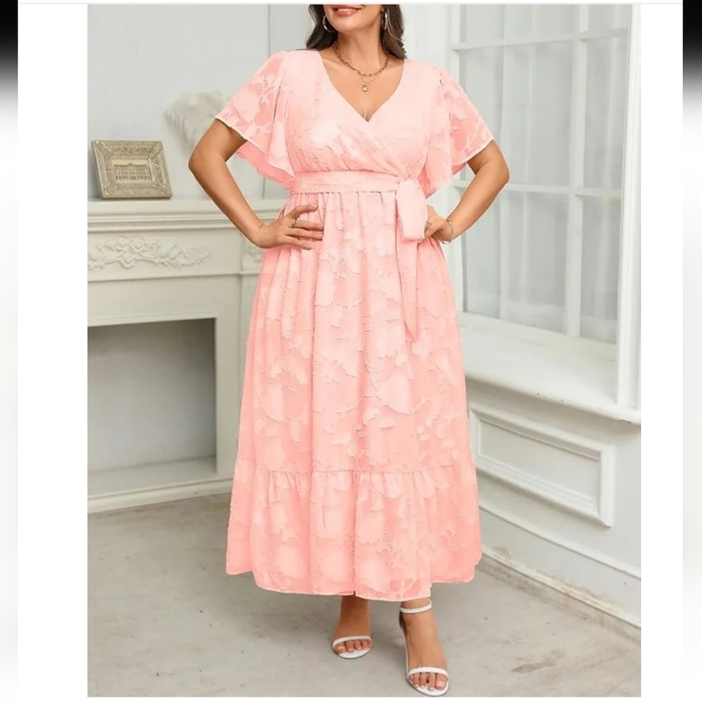 Pinup Fashion V-Neck Flutter Sleeve, Floral Lace, Smocked Tiered Midi Dress- 22W
